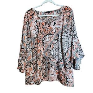 Zac & Rachel Tunic Top Womens 1X Multicolor Paisley Print Bell Sleeves Blouse